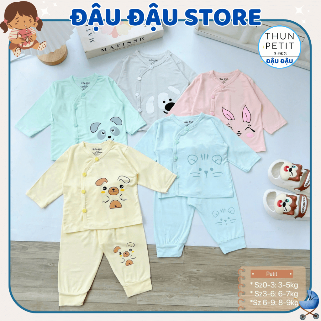 Set 5 Bộ sơ sinh dài tay thun lạnh HH hoạ tiết đơn giản cho bé 0 - 9 tháng [HH-DL04]  Đậu Đậu Store