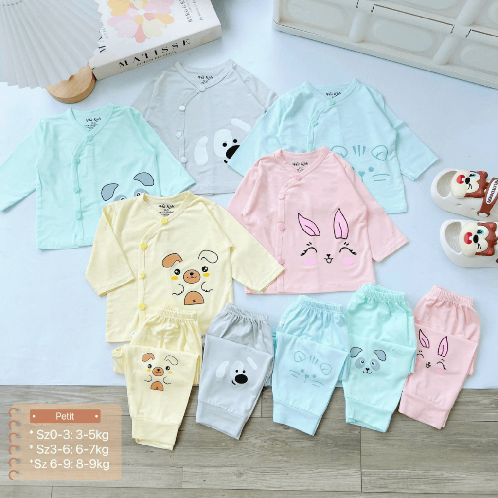 Set 5 Bộ sơ sinh dài tay thun lạnh HH hoạ tiết đơn giản cho bé 0 - 9 tháng [HH-DL04]  Đậu Đậu Store