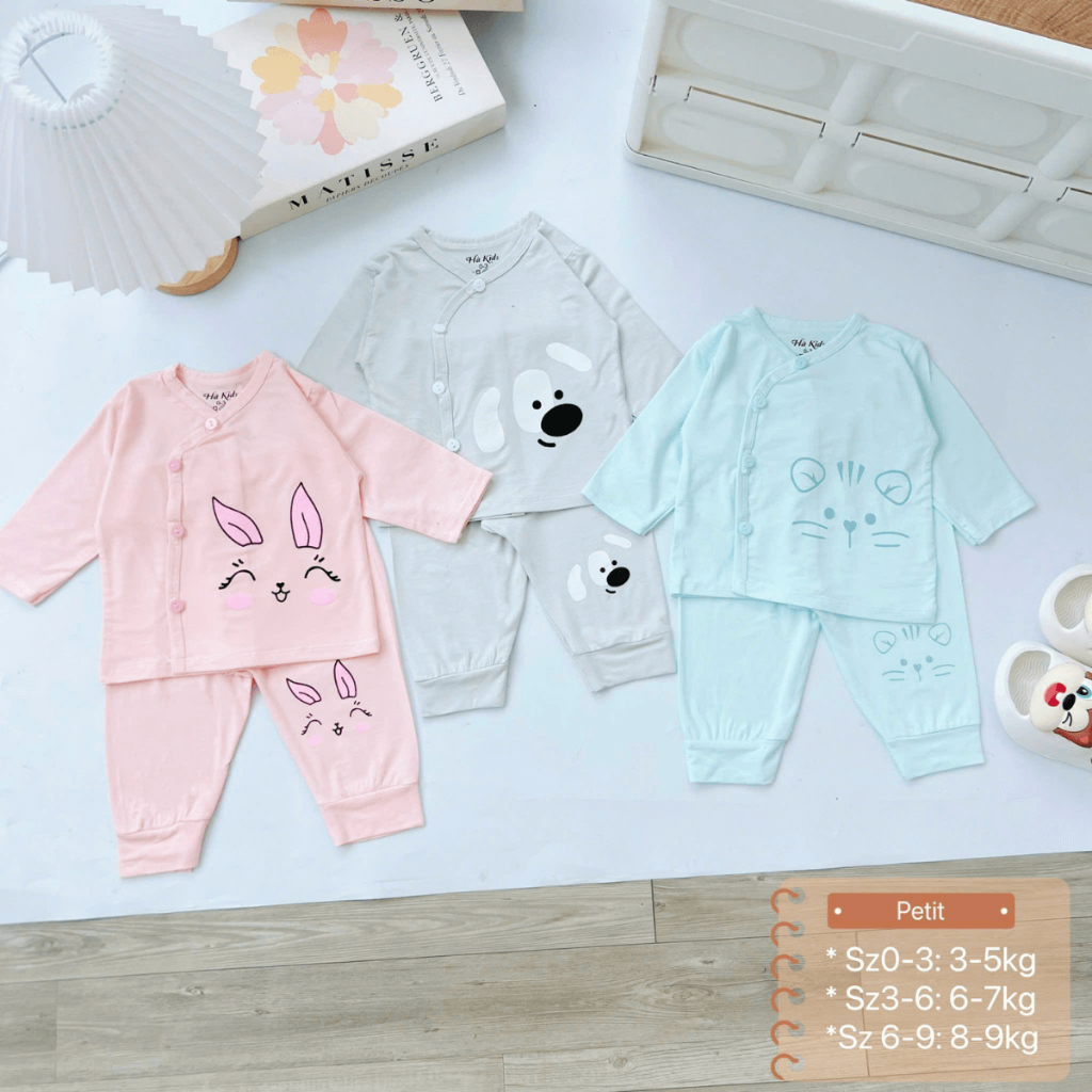 Set 5 Bộ sơ sinh dài tay thun lạnh HH hoạ tiết đơn giản cho bé 0 - 9 tháng [HH-DL04]  Đậu Đậu Store