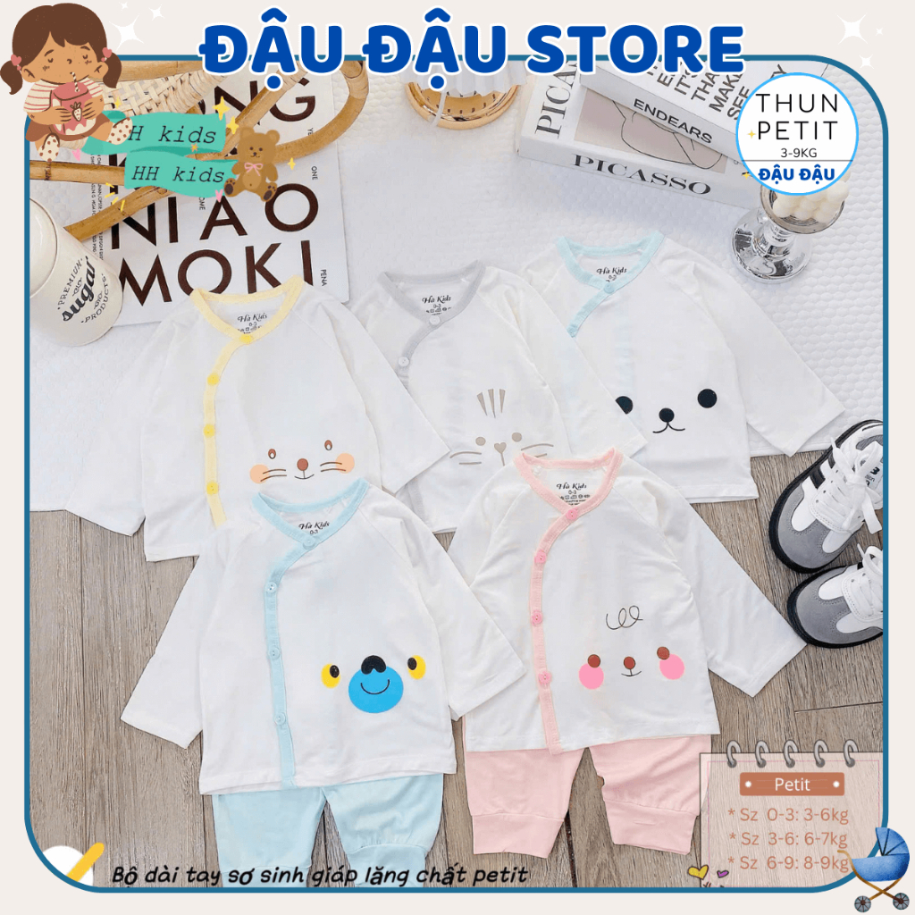 Set 2-.3 Bộ dài tay sơ sinh thun lạnh HH hoạ tiết đơn giản cho bé trai gái 3-9kg [HH-DL06]  Đậu Đậu Store