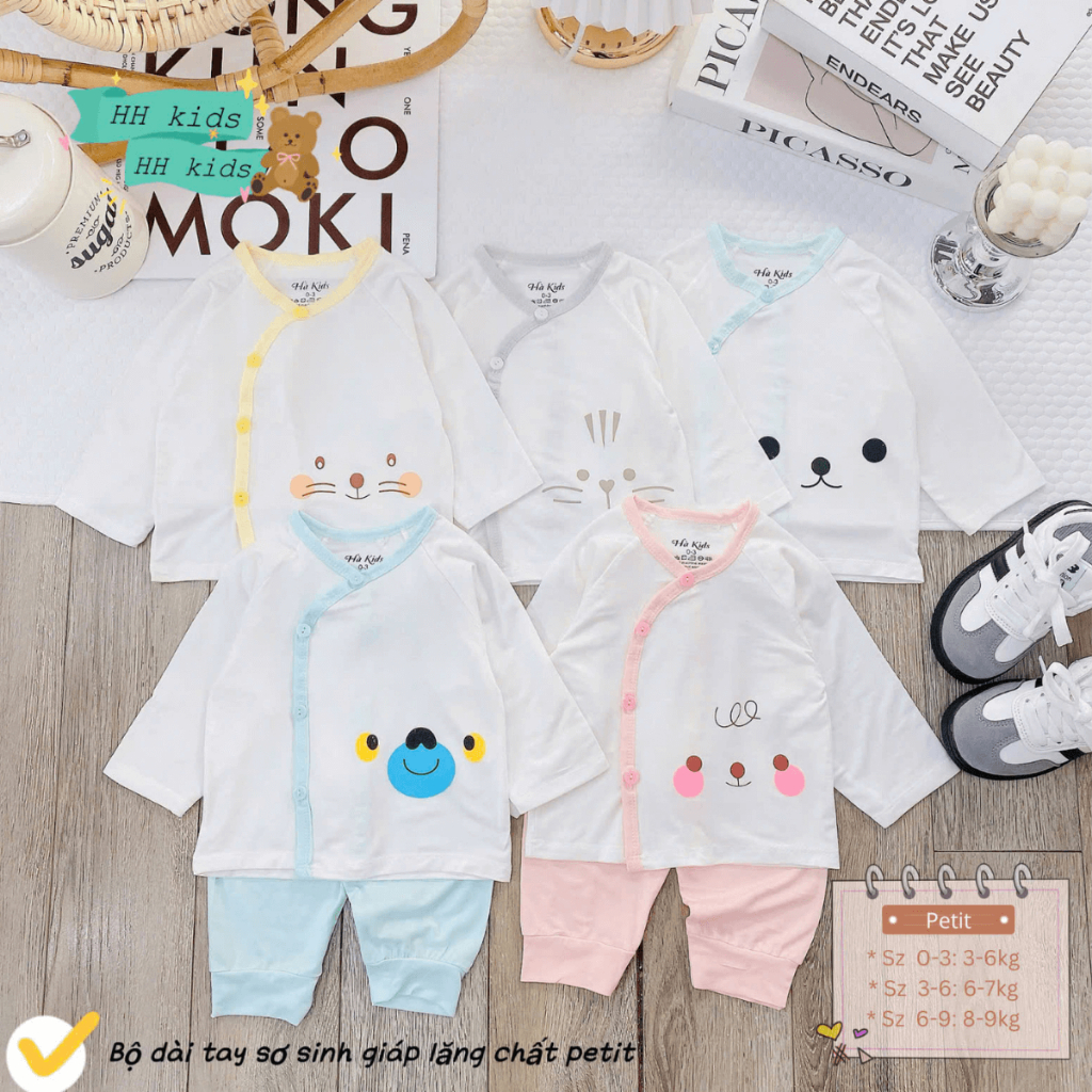 Set 2-.3 Bộ dài tay sơ sinh thun lạnh HH hoạ tiết đơn giản cho bé trai gái 3-9kg [HH-DL06]  Đậu Đậu Store