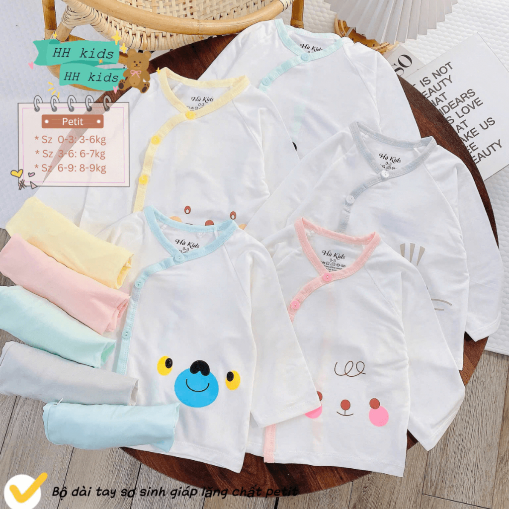 Set 2-.3 Bộ dài tay sơ sinh thun lạnh HH hoạ tiết đơn giản cho bé trai gái 3-9kg [HH-DL06]  Đậu Đậu Store