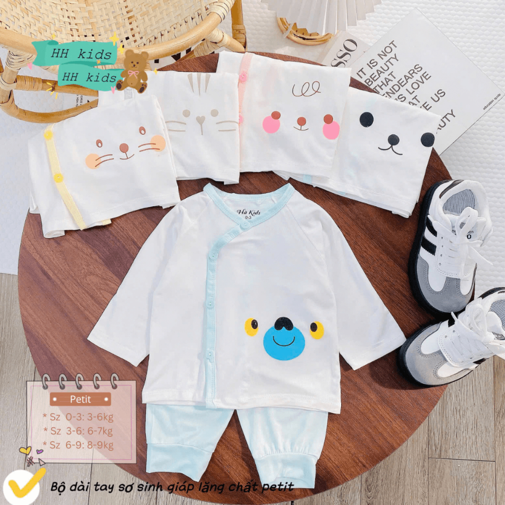 Set 2-.3 Bộ dài tay sơ sinh thun lạnh HH hoạ tiết đơn giản cho bé trai gái 3-9kg [HH-DL06]  Đậu Đậu Store