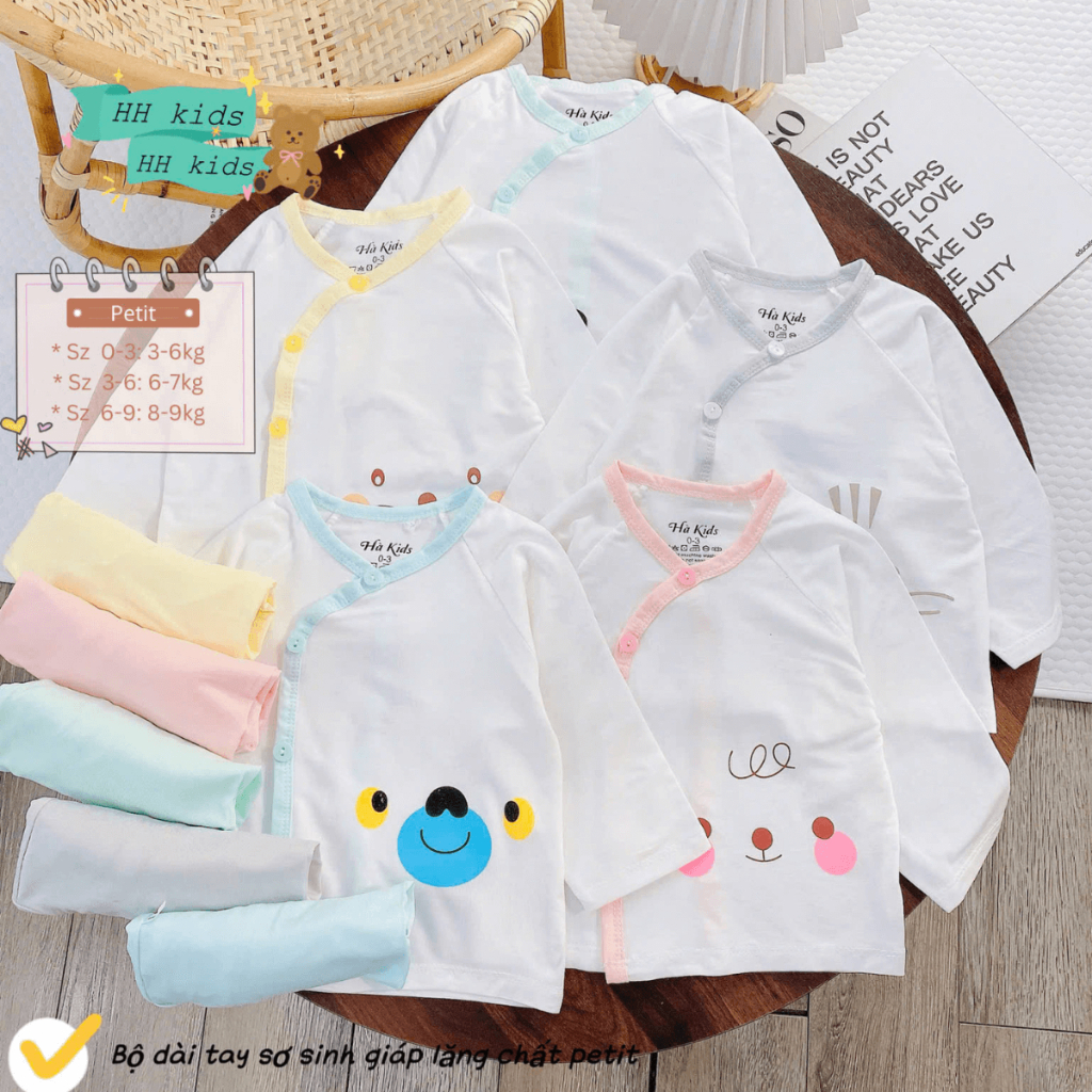 Set 2-.3 Bộ dài tay sơ sinh thun lạnh HH hoạ tiết đơn giản cho bé trai gái 3-9kg [HH-DL06]  Đậu Đậu Store