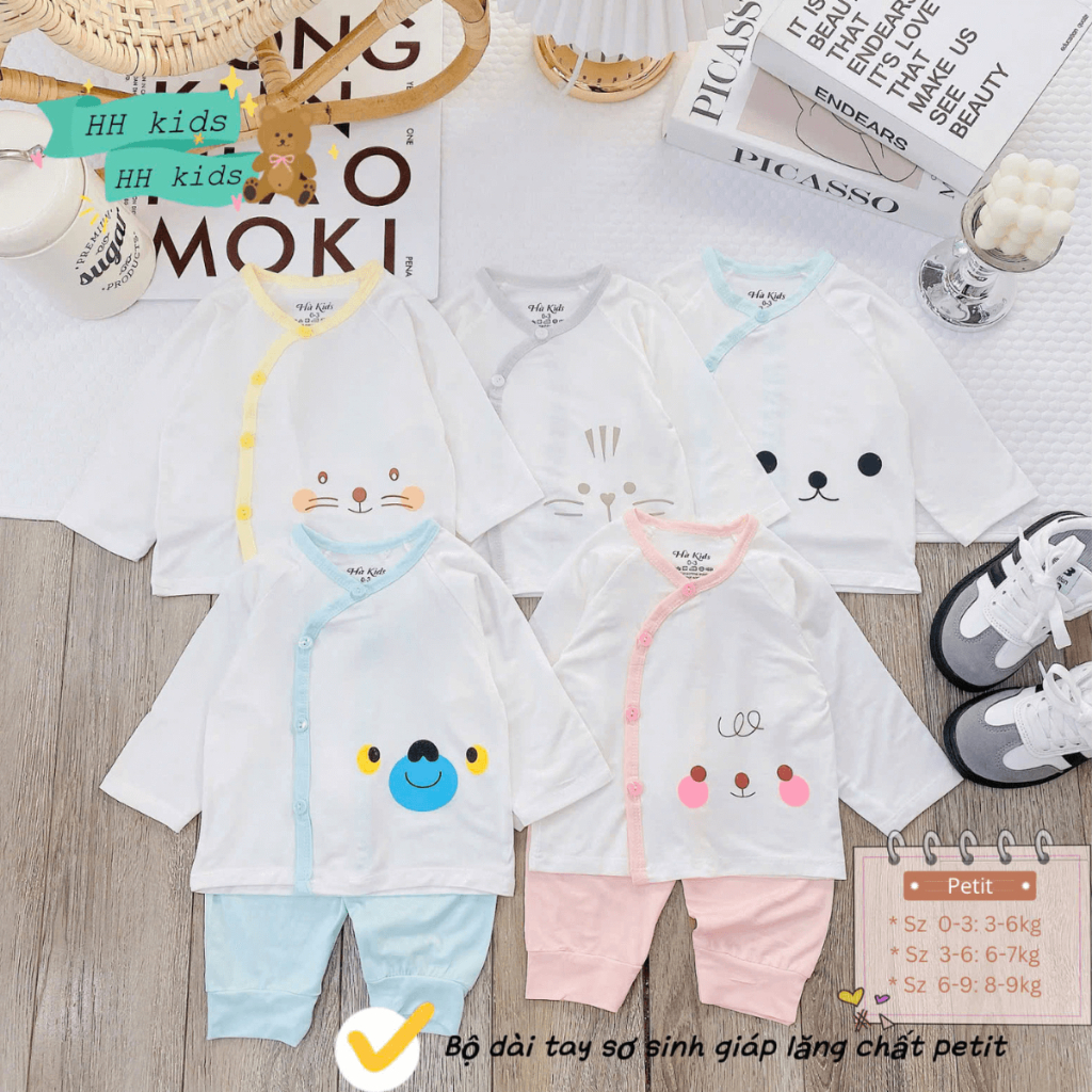 Set 2-.3 Bộ dài tay sơ sinh thun lạnh HH hoạ tiết đơn giản cho bé trai gái 3-9kg [HH-DL06]  Đậu Đậu Store