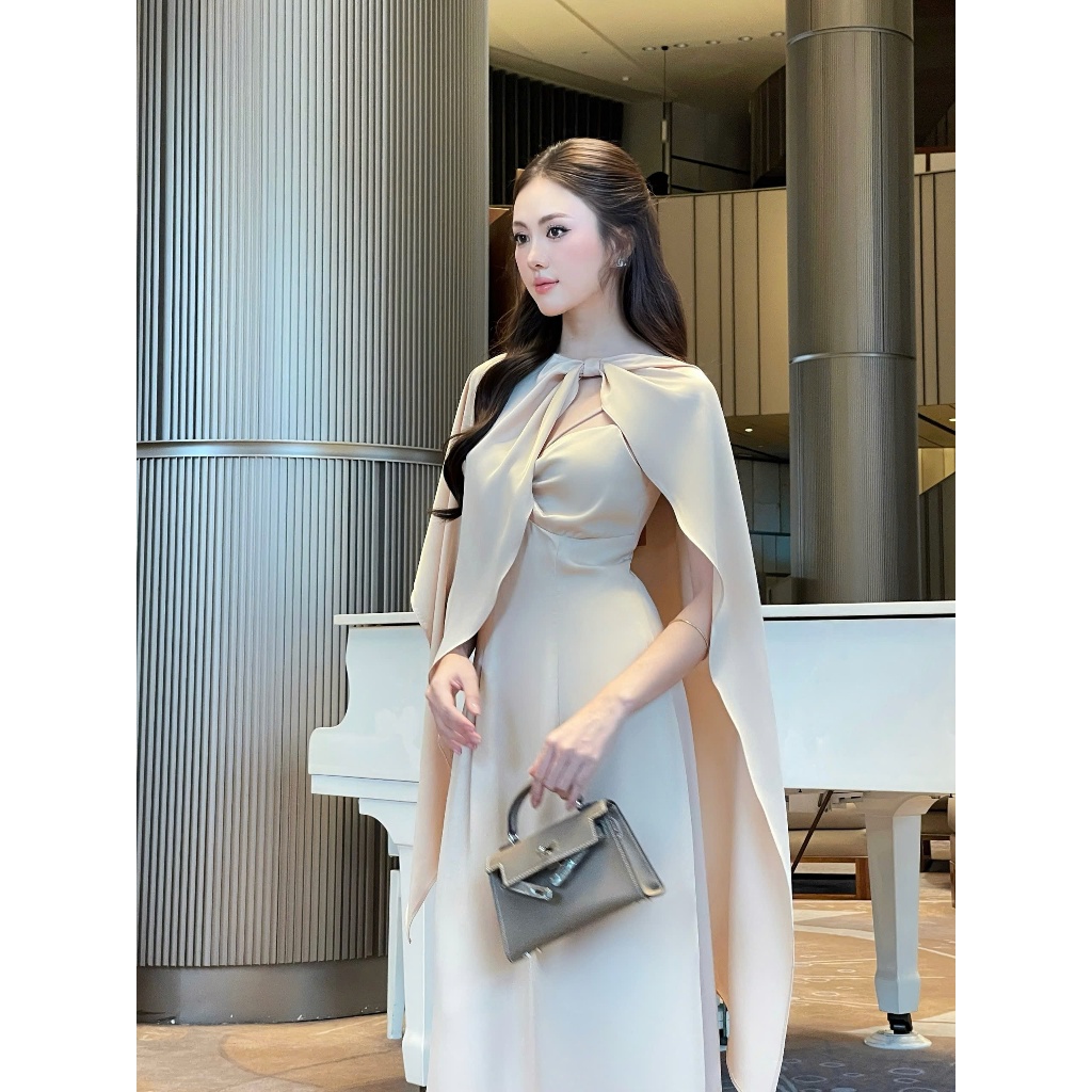 Orli label | Peony Dress | Đầm viscose xoắn ngực màu be gold + áo khoác choàng Organza Freesize