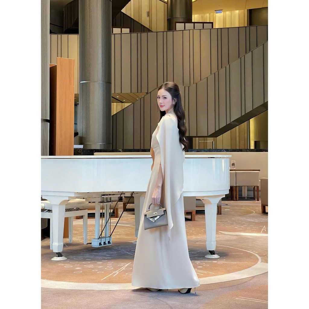 Orli label | Peony Dress | Đầm viscose xoắn ngực màu be gold + áo khoác choàng Organza Freesize