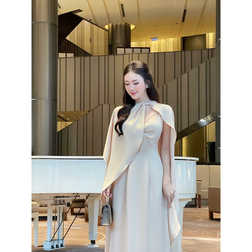 Orli label | Peony Dress | Đầm viscose xoắn ngực màu be gold + áo khoác choàng Organza Freesize
