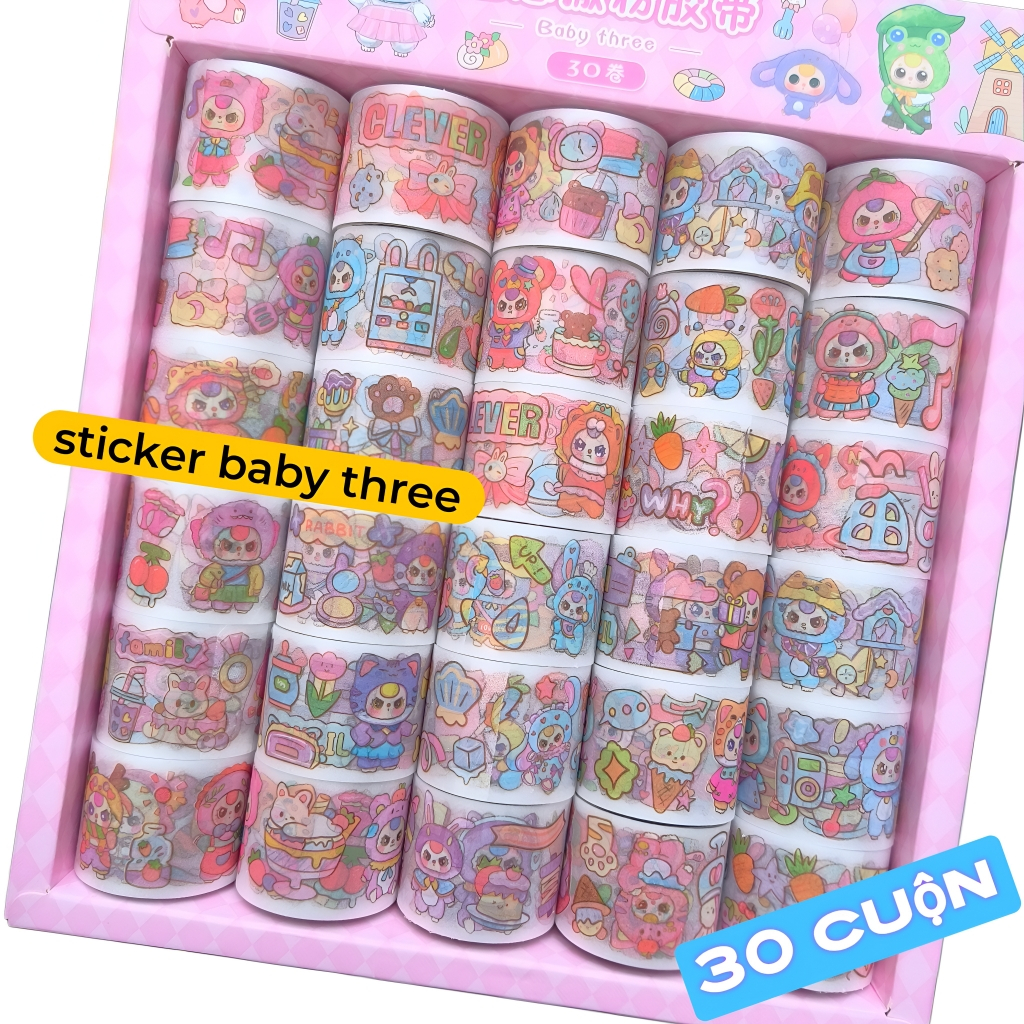 Khay 30 cuộn sticker baby three, nhãn dán dài cuộn baby three | Shopee ...
