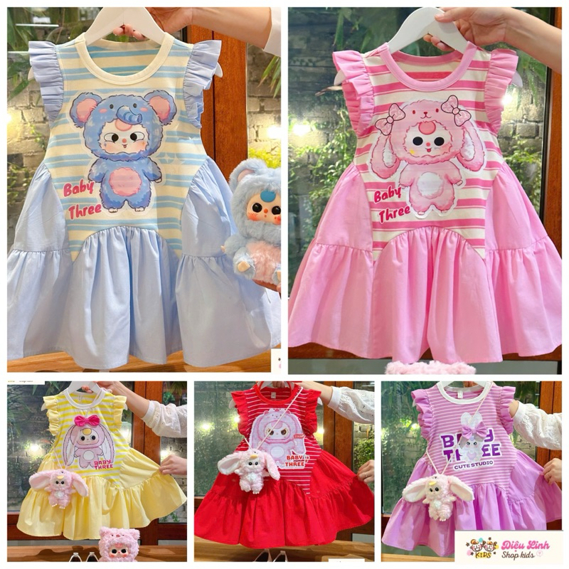 Váy đầm kẻ cotton tay cánh tiên in hình baby three DL56 size 8/36kg Váycho bé Diệu Linh shop kids ( không kèm phụ kiện )