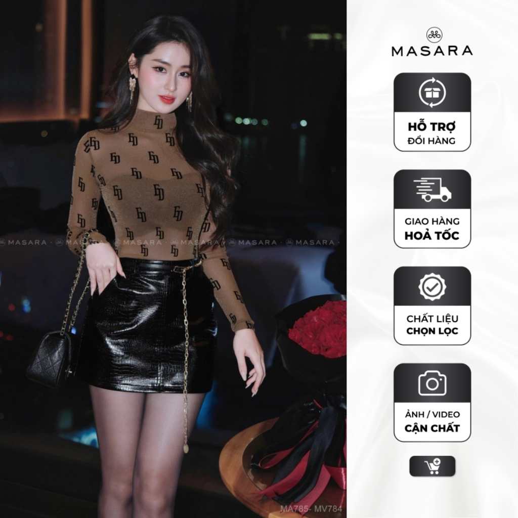 Áo nữ Masara form ôm body cổ lọ màu nâu, chất lưới nhũ đính chữ ED óng ánh MA785