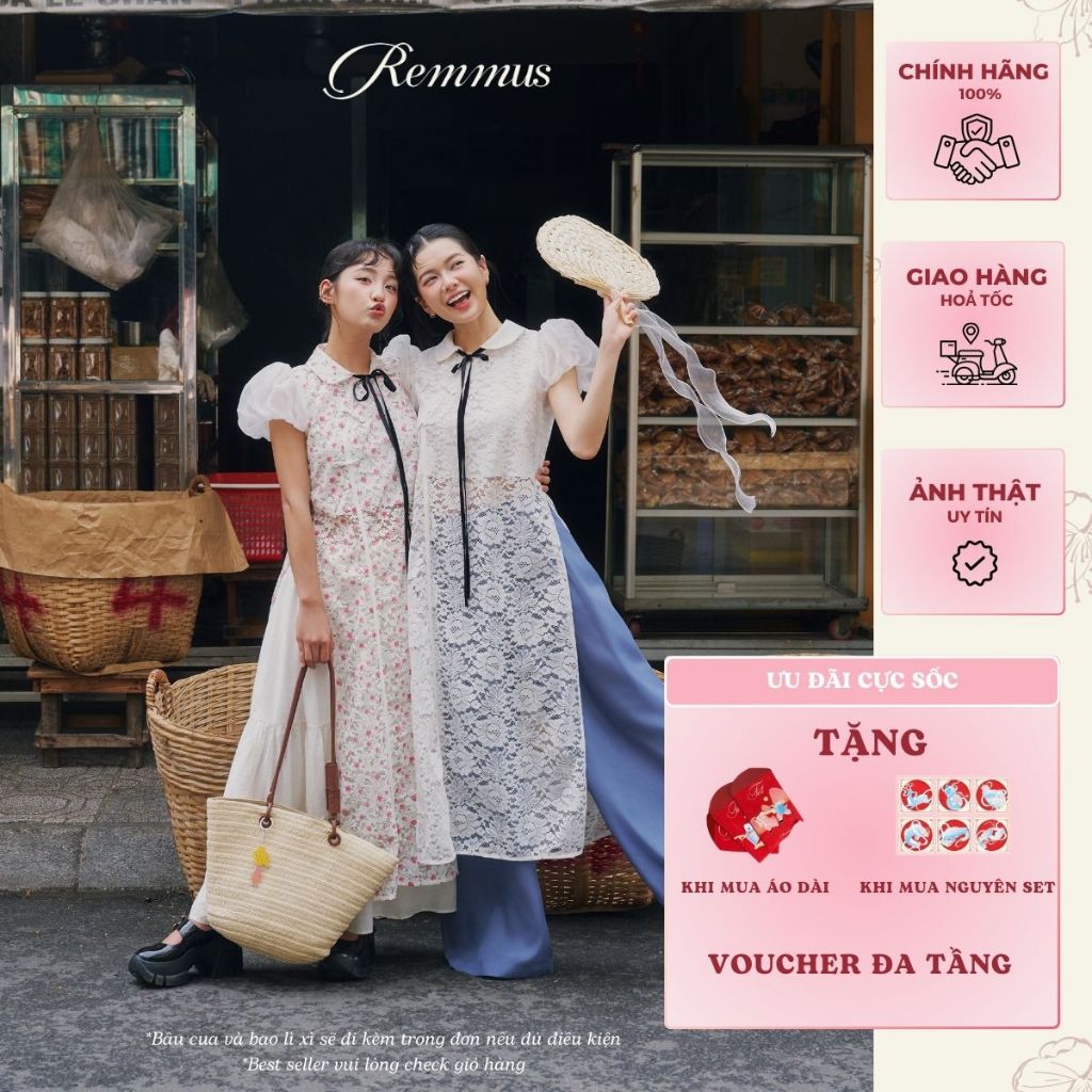 (TẶNG BAO LÌ XÌ ) Áo dài Hải Nghi - Remmus | Áo dài hoạ tiết hoA nổi tay bồng cho nữ (KHÔNG KÈM QUẦN)