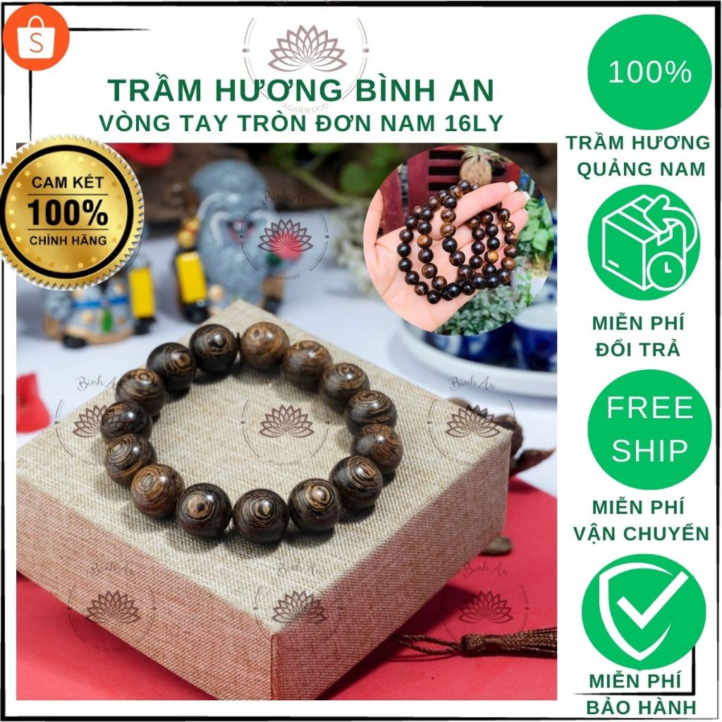 Vòng Tay Trầm Hương Tròn Đơn Sánh Chìm Nước - 16mm Trầm Hương Bình An- Trầm Việt- Size Nam Nữ.