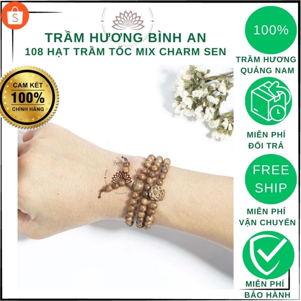[Phong thủy Cổ Học]Vòng Tay 108 Hạt Trầm Hương Tốc Việt Mix charm Hoa Sen-Tràng Hạt -Vòng Tay Phong Thủy- 6 7 8 mm