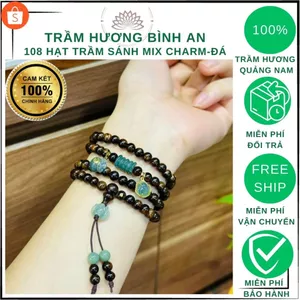 Vòng tay trầm hương sánh chìm 6 ly 108 hạt mix đá thạch anh cao cấp màu xanh kèm vàng 10 ka, dành cho nữ.