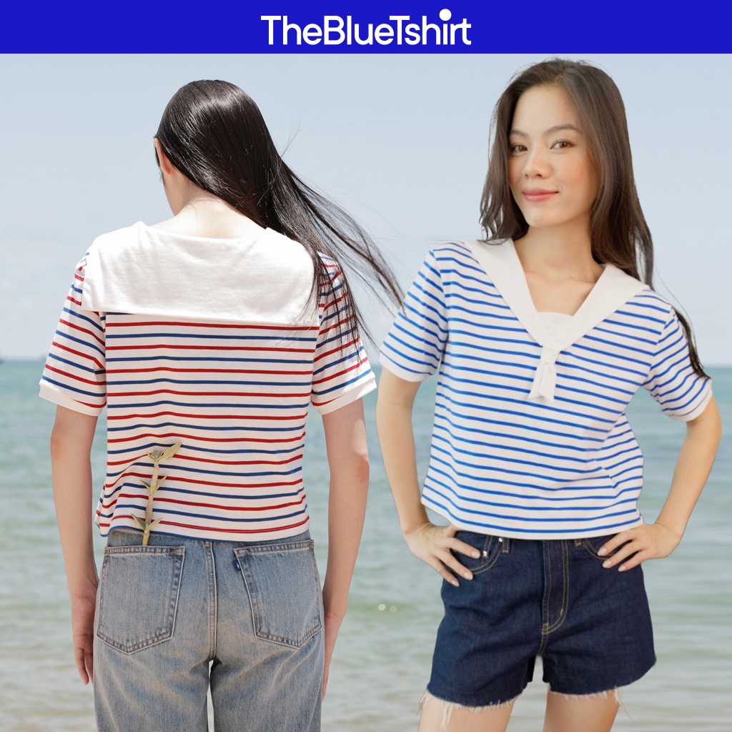 Ảnh TheBlueTshirt - Áo thun sọc cổ V viền trắng thắt nơ cho nữ - Sailor T - Women 1