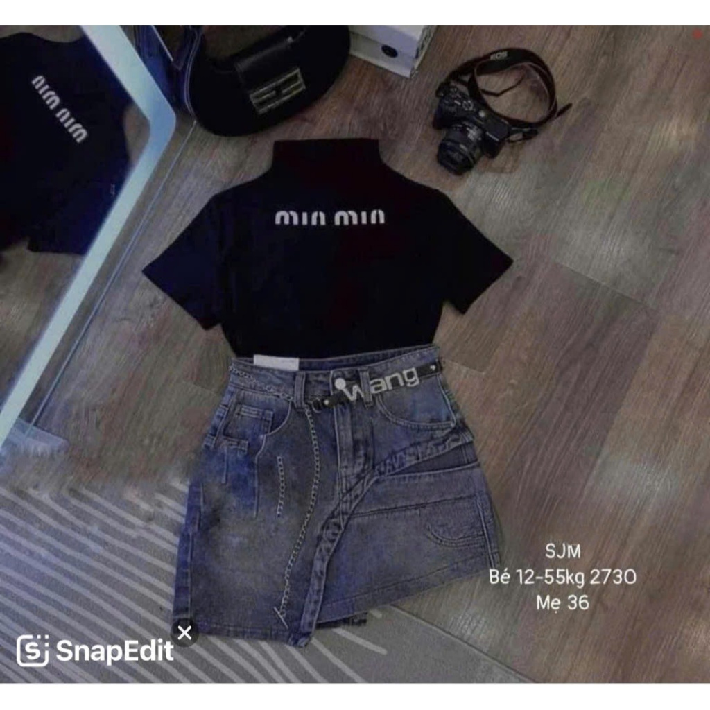 Sét áo cổ cao chân váy jean ngắn lệch cho bé gái size đại,bộ áo chân váy short jean bé gái và mẹ 2-16 tuổi,14kgđến 56kg