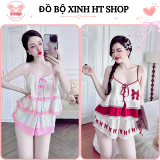 [FreeSize 60kg] - Đồ ngủ 2 dây xinh, bộ ngủ lụa latin, set đồ mặc nhà nữ xếp li 2 lớp thoải mái CÓ TÚI - HT001
