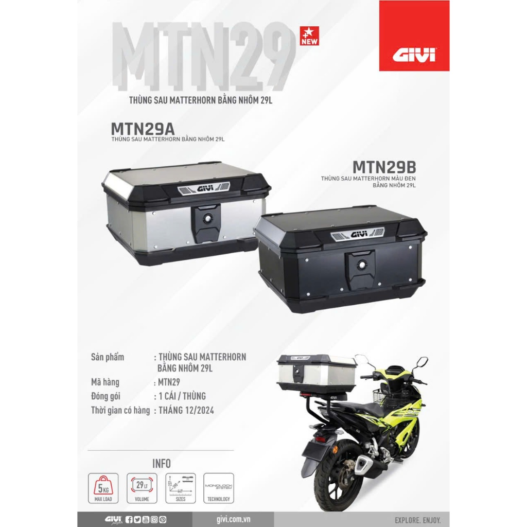 THÙNG NHÔM MTN29B MATTERHORN 29 LÍT MÀU ĐEN - Thùng sau xe máy