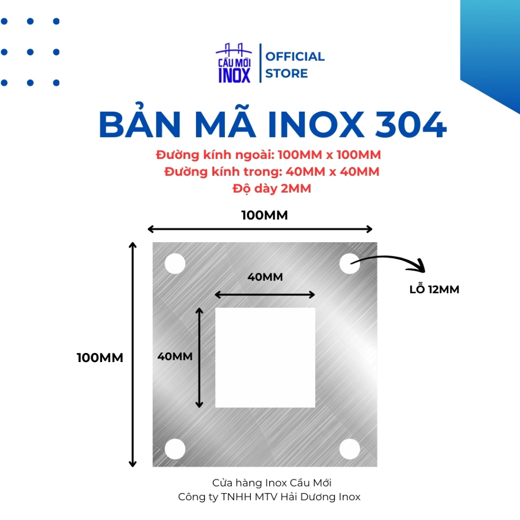 Bản mã vuông inox 304, kích thước ngoài 100mm, trong 40mm, độ dày 2ly, cắt laser chính xác