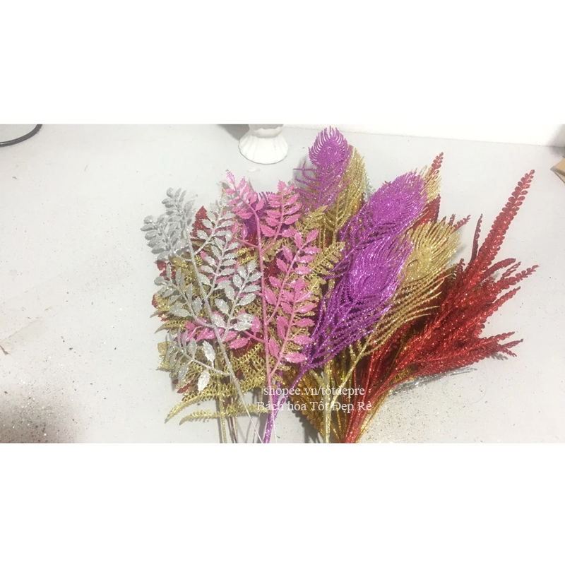 Đào đông Cành lá Nhũ kim tuyến trang trí quà tết - rẻ quạt , me , đuôi công , lá quế, cành tài lộc, tre, phong