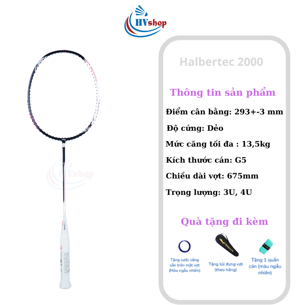 Vợt cầu lông - Vợt Lining Halbertec 2000 chính hãng, tặng cước căng sẵn, quấn cán,bao đơn - HVShop