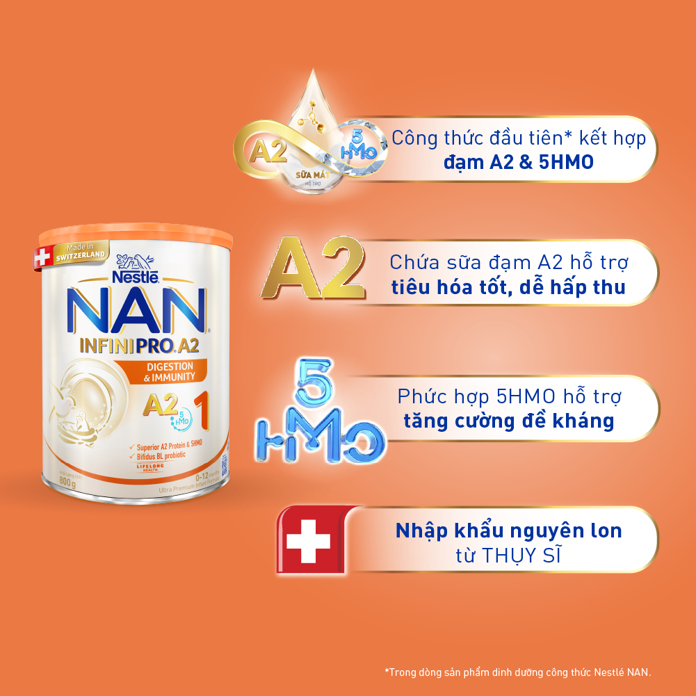 Ảnh Sữa bột Nestlé NAN INFINIPRO A2 1 800g nhập khẩu Thụy Sĩ với sự kết hợp độc đáo giữa đạm quý A2 và 5HMO 2