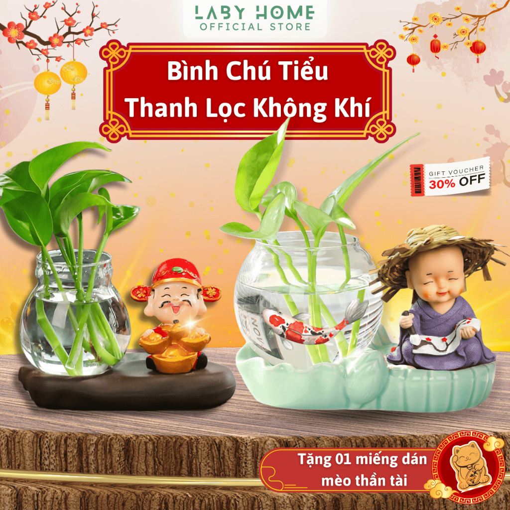 Combo Bình Thuỷ Canh Để Bàn Decor Thanh Tịnh, Tượng Chú Tiểu Kèm Bình Và Đế Trang Trí Bàn Làm Việc