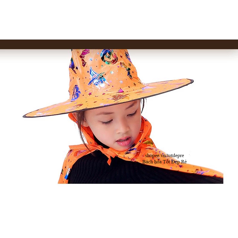Set 2 chi tiết Mũ và choàng halloween lấp lánh 7 sắc cho bé gái bé trai hóa trang phù thủy