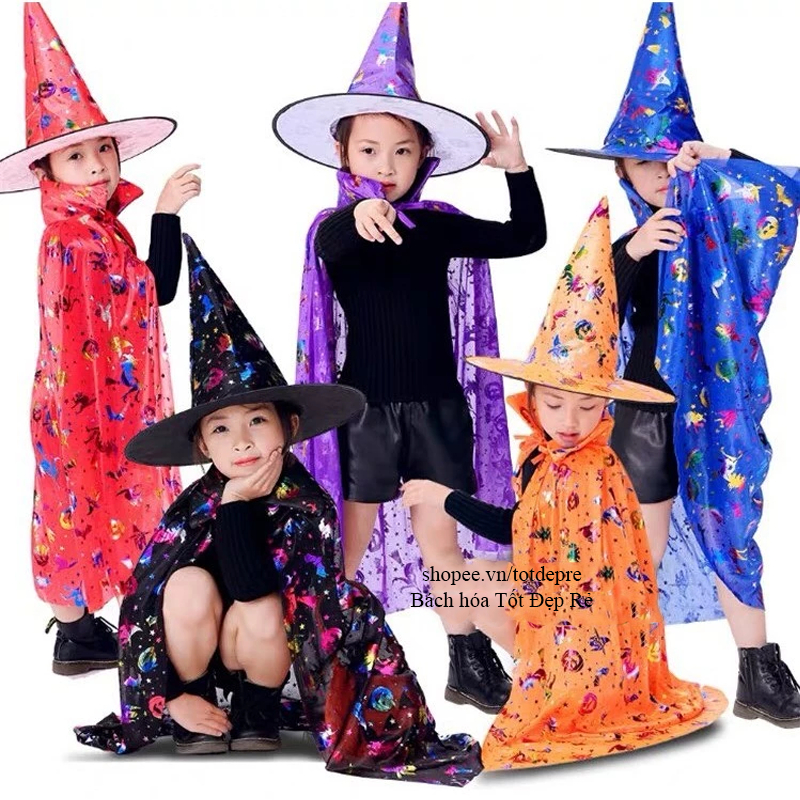 Set 2 chi tiết Mũ và choàng halloween lấp lánh 7 sắc cho bé gái bé trai hóa trang phù thủy
