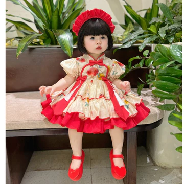 (Độc Quyền)Váy Lolita Cổ Tàu Cô Ti.ên Đũi Lụa Kèm Cài 4-20 Kg,1 Tháng -5 Tuổi,Váy Cho Bé Gái Đầy Tháng Sinh Nhật