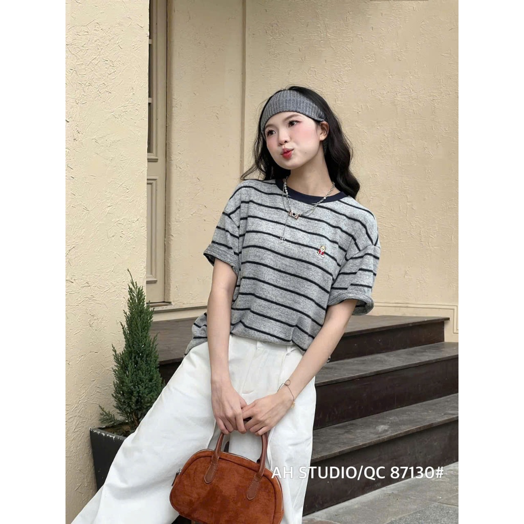 [NEW|Hàng sẵn] Áo Phông Nữ Kẻ Ngang Thêu Gấu hàng QC Mác Doudou A119