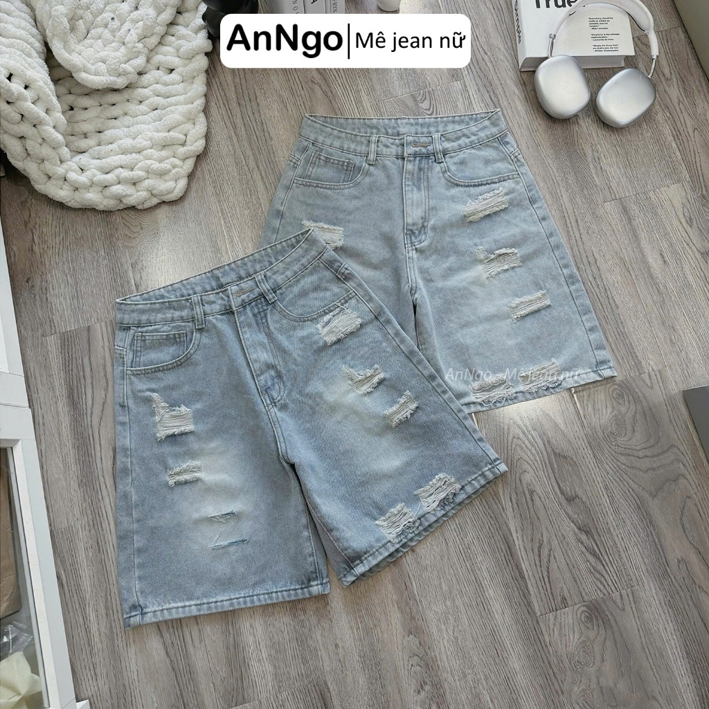 Quần jean ngố nữ ống rộng rách nhẹ, chất jean denim không co giãn dày dặn, cực xinh Anngo - AT422