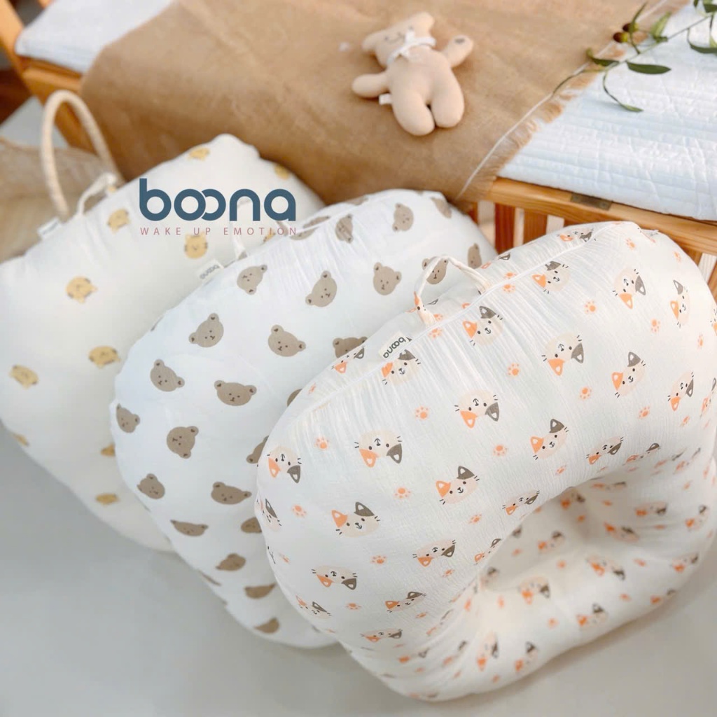 Gối chống trào ngược cho bé sơ sinh Boona đệm chống trào ngược vải xô muslin trần bông organic HT08