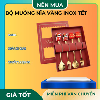 Set 1 hộp 4 loại gồm 2 nĩa và 2 muông vàng  inox họa tiết têt  mới nhất - PhụKiệnBànĂn