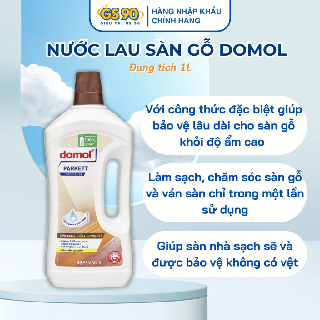 Nước Lau Sàn Gỗ Domol Parkett Bodenpflege 1L giúp giữ màu và bóng gỗ, chống mọt và bám vân gỗ