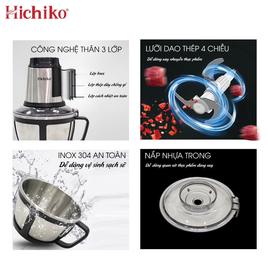 Máy Xay Thịt Đa Năng Hichiko, 4 lưỡi xay 2 lớp, 2 mức độ xay, inox 304 cao cấp HC9912
