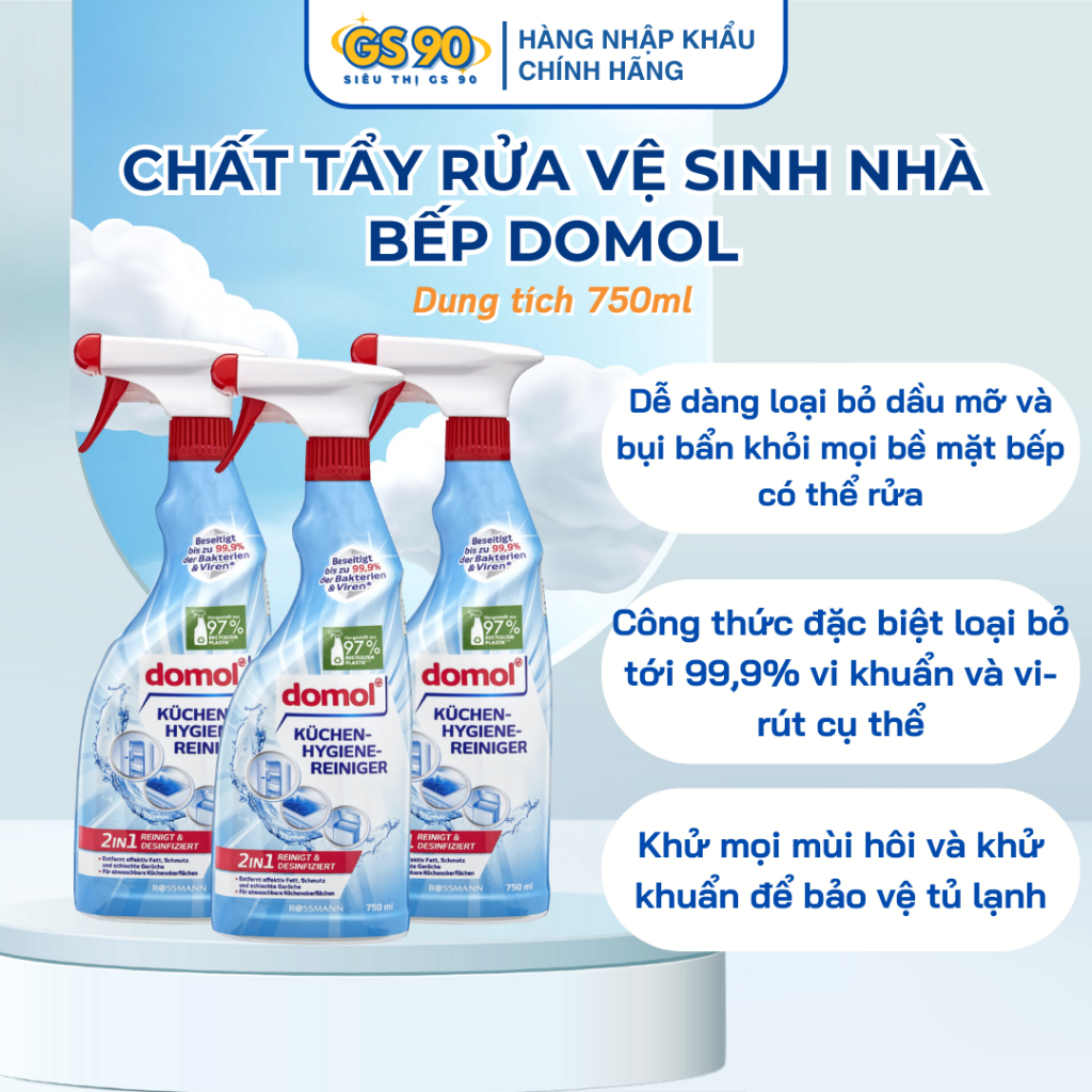 Chai Xịt Diệt Khuẩn Vệ Sinh Tủ Lạnh Nhà Bếp Dầu Mỡ Domol Kuchen Hygienereiniger 750ml Nhập Khẩu Đức