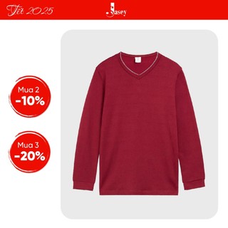 Áo nam dệt kim cổ tim JASEY, áo dài tay màu mận mã 0112