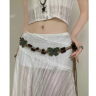 Thắt lưng cườm vintage nâu gắn bướm