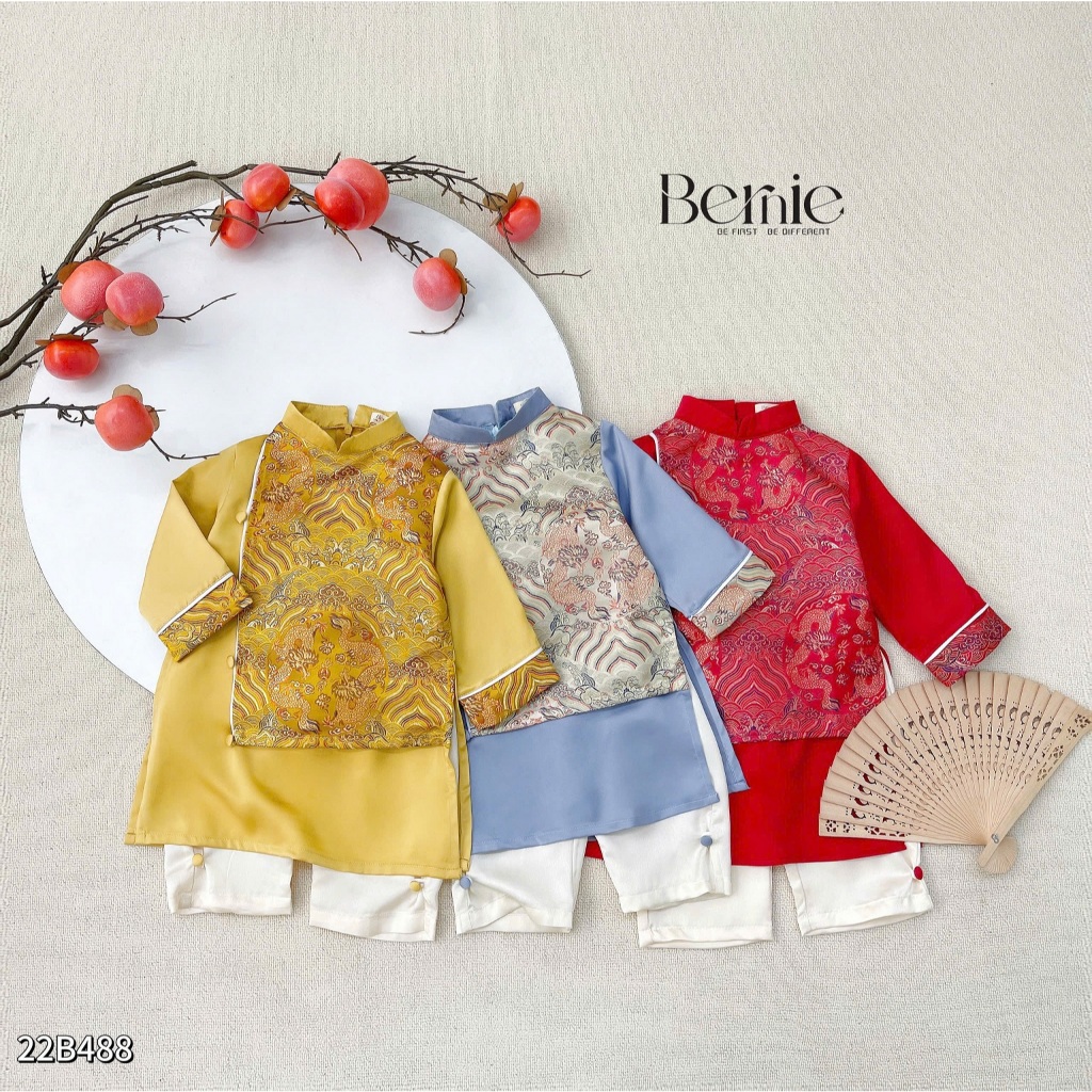 Áo dài phối gấm rồng cho bé, set áo dài lụa bé trai kèm quần hàng thiết kế Bernie