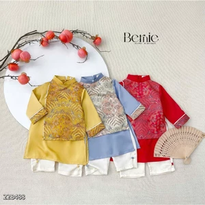 Áo dài phối gấm rồng cho bé, set áo dài lụa bé trai kèm quần hàng thiết kế Bernie