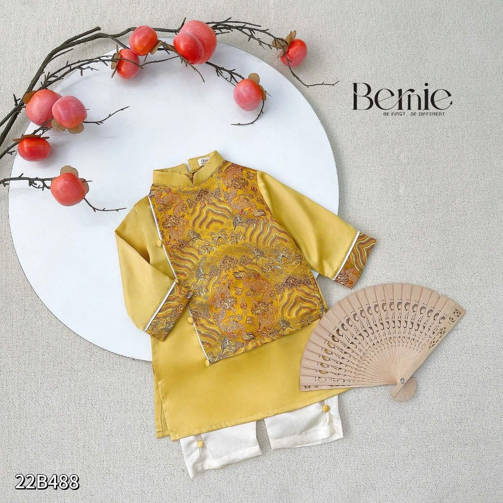 Áo dài phối gấm rồng cho bé, set áo dài lụa bé trai kèm quần hàng thiết kế Bernie