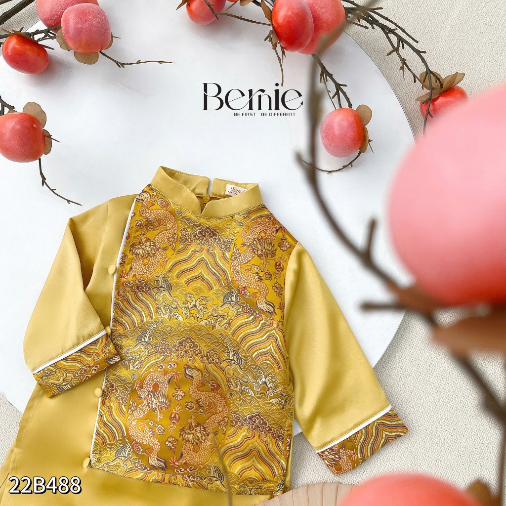 Áo dài phối gấm rồng cho bé, set áo dài lụa bé trai kèm quần hàng thiết kế Bernie