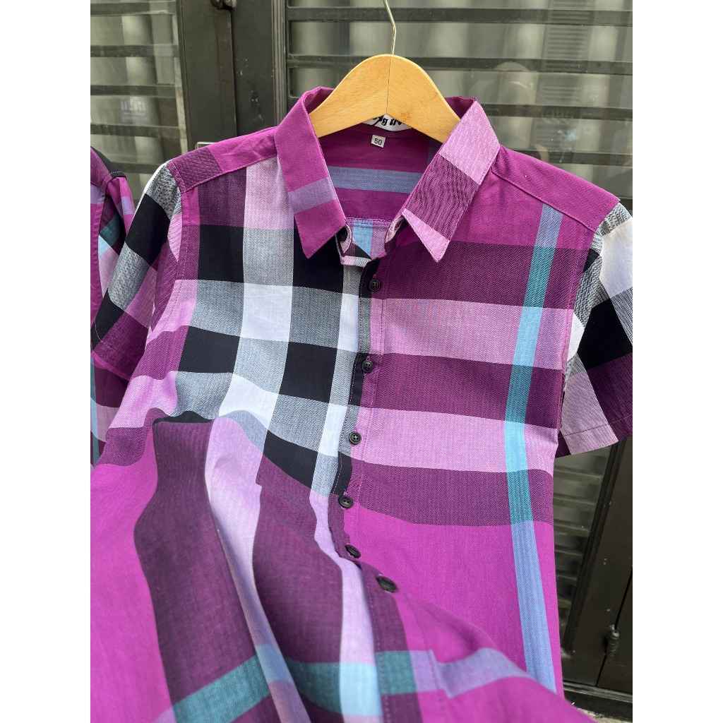 Áo Sơ Mi Đôi Nam Nữ Tay Ngắn Fig Tree Caro Tím, Chất Cotton Mềm Mát, Thấm Hút Mồ Hôi, Có Size