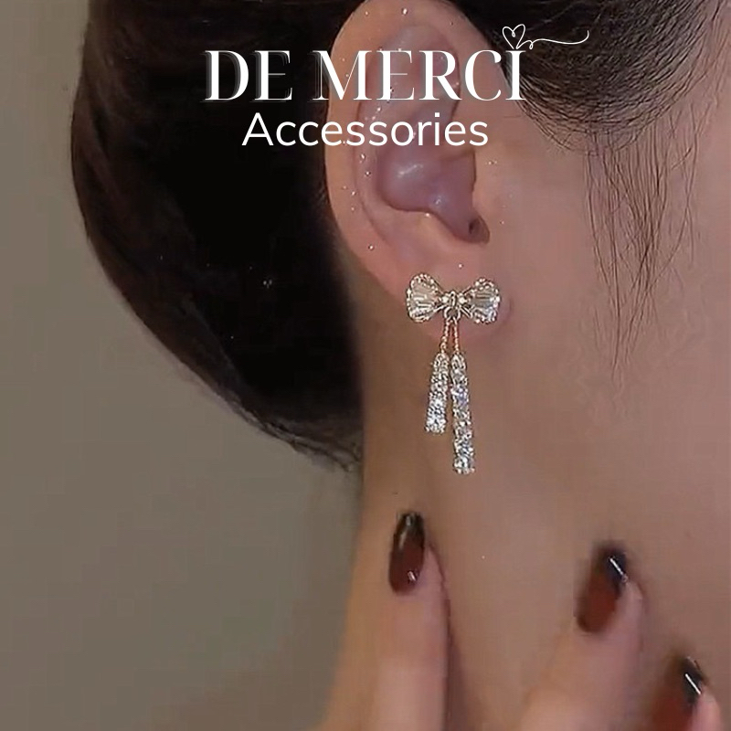 Khuyên tai nữ chuôi bạc 925 De Merci bông tai hình nơ đính đá phủ bóng phụ kiện trang sức nữ cá tính BT