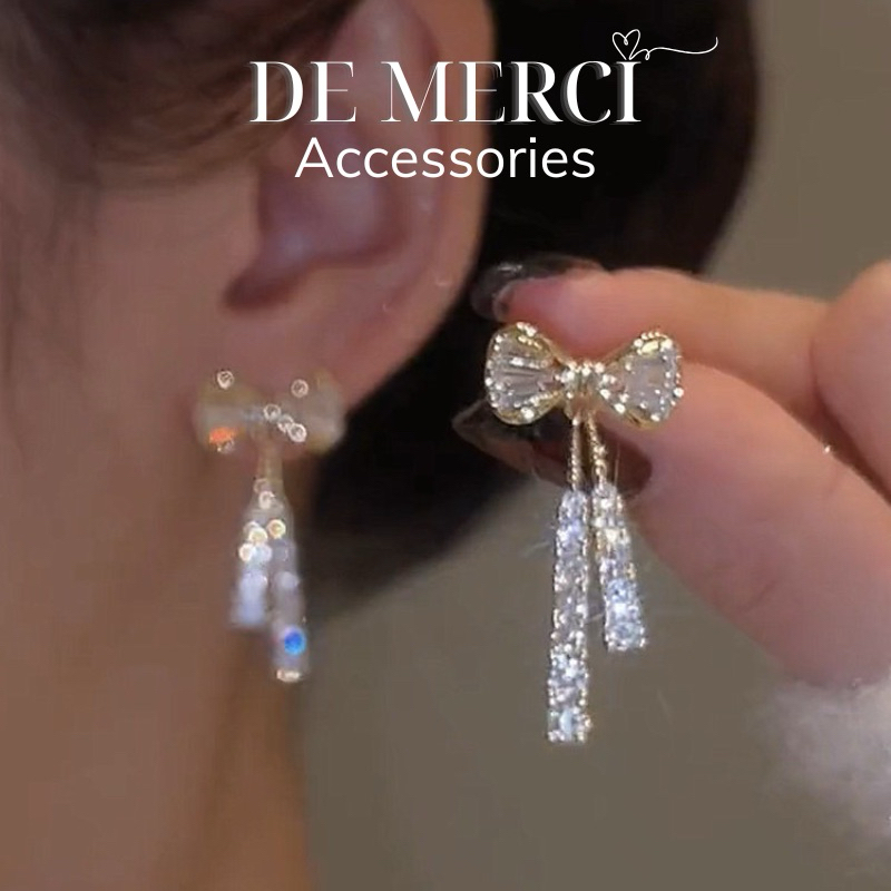 Khuyên tai nữ chuôi bạc 925 De Merci bông tai hình nơ đính đá phủ bóng phụ kiện trang sức nữ cá tính BT