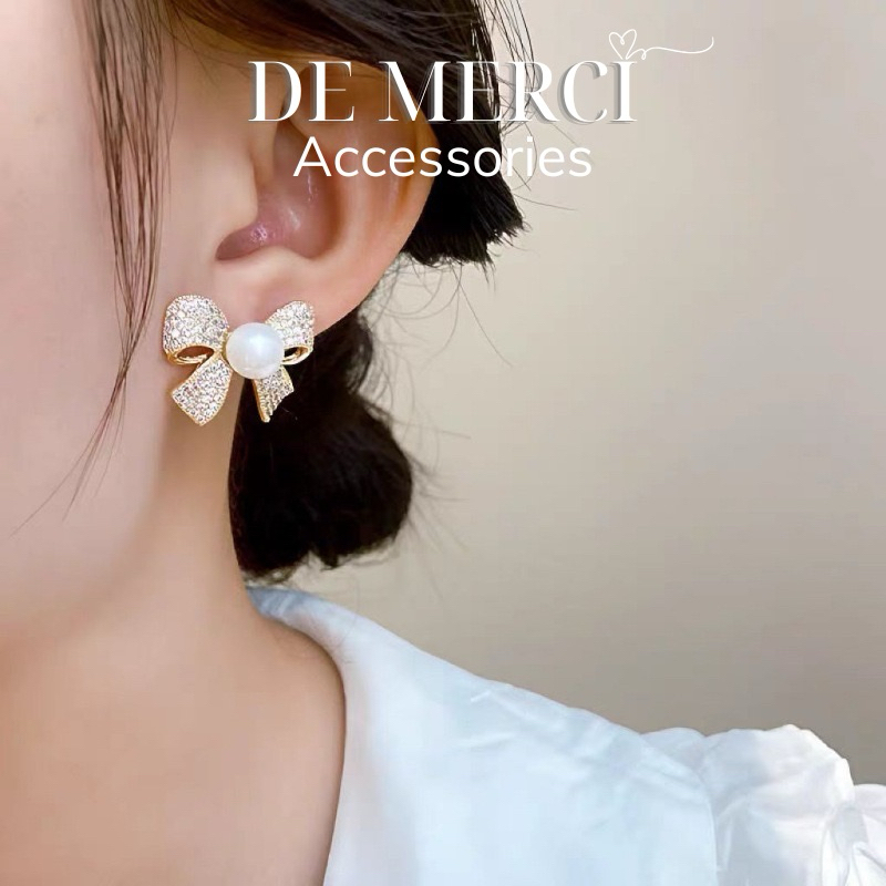 Khuyên tai nữ chuôi bạc 925 De Merci bông tai hình nơ phủ bóng phụ kiện trang sức nữ cá tính BT
