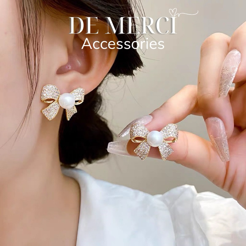 Khuyên tai nữ chuôi bạc 925 De Merci bông tai hình nơ phủ bóng phụ kiện trang sức nữ cá tính BT