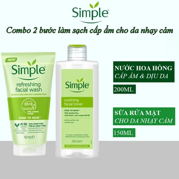 Combo sữa rửa mặt Simple da nhạy cảm + nước hoa hồng toner Simple 200ml Kind to Skin Soothing Facial